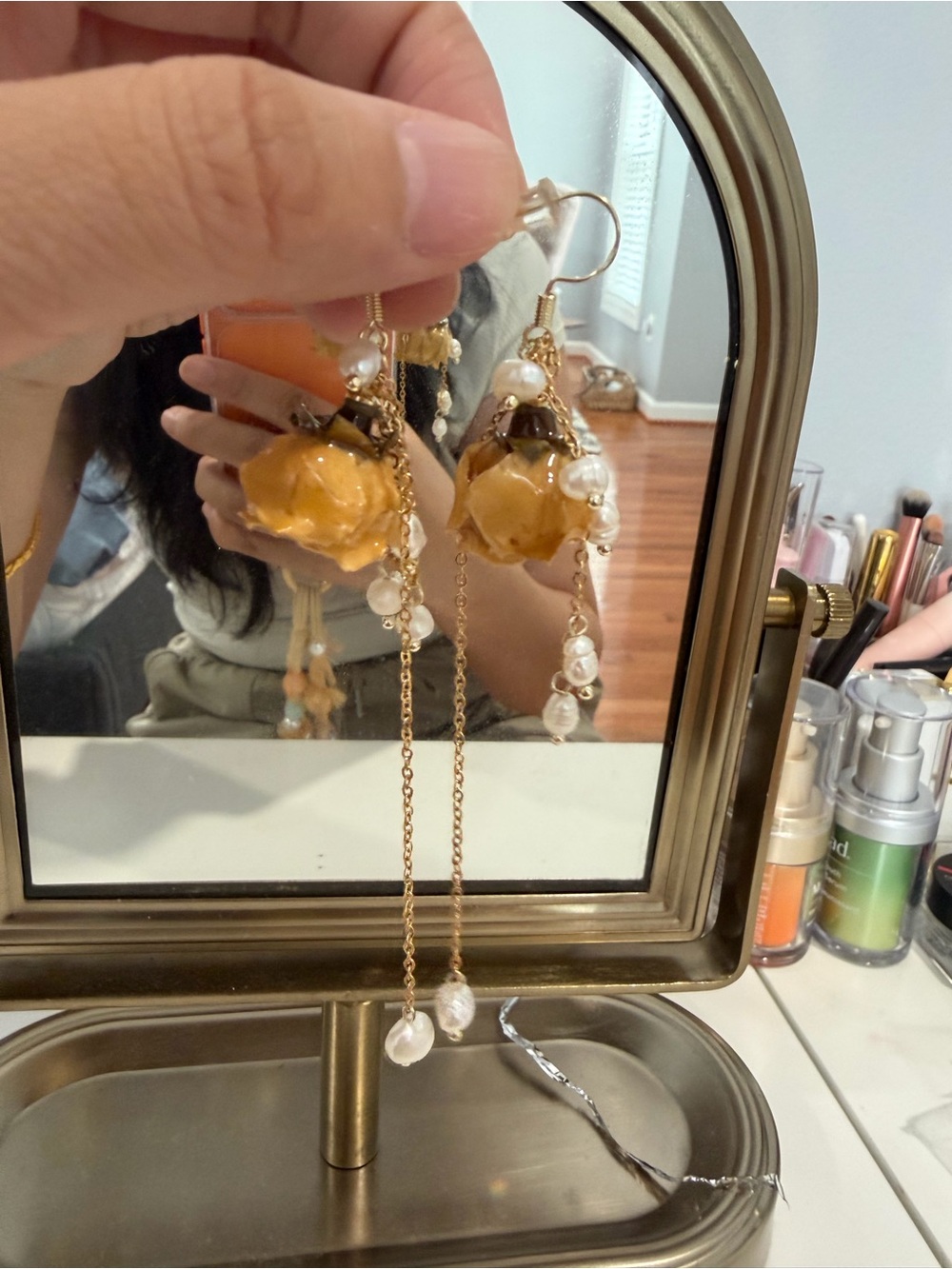New Gold Pearl Drop Floral Earrings- made from real flowers